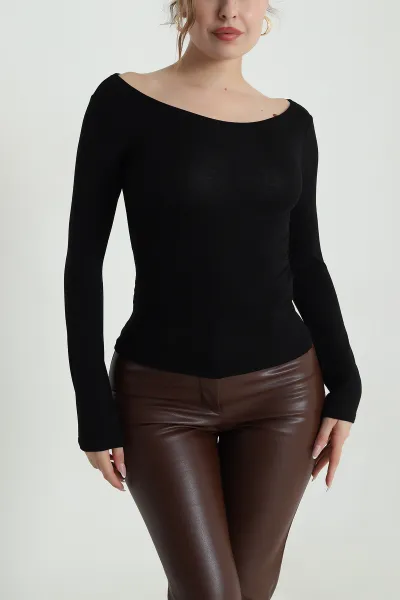 Siyah Geniş Yaka Kadın Body Bluz 490289