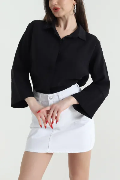 Siyah Gizli Pat Oversize Modal Kadın Gömlek 440199