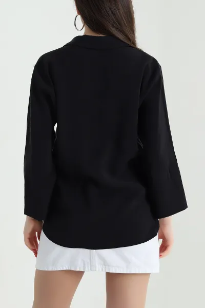 Siyah Gizli Pat Oversize Modal Kadın Gömlek 440199