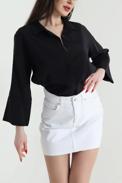Siyah Gizli Pat Oversize Modal Kadın Gömlek 440199