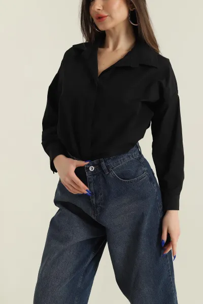siyah-gizli-pat-poplin-kadin-gomlek-427418
