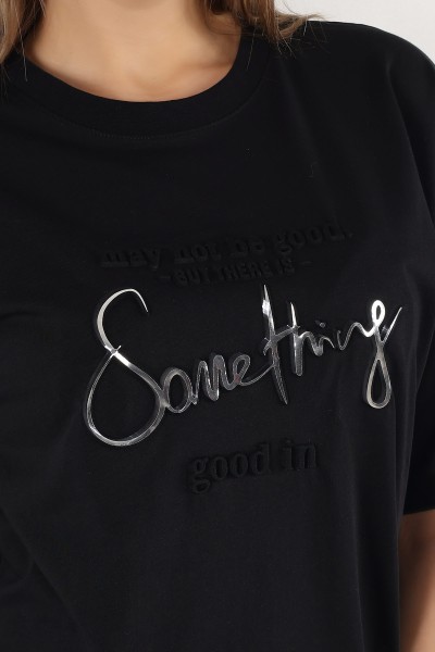 Siyah Gofre Baskı Bayan Tişört 169150