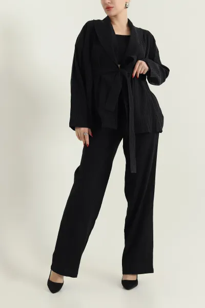 Siyah Gofre Kimono Pantolon Kadın İkili Takım 429929