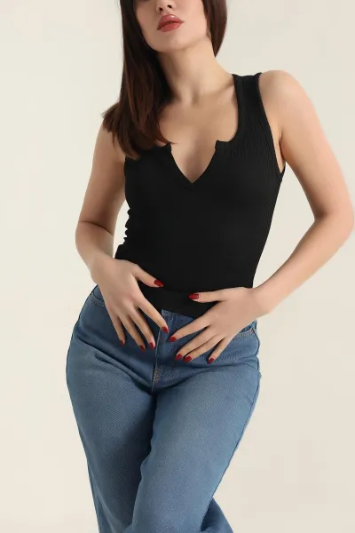 Siyah Gofre Kolsuz Likralı Bluz 337336