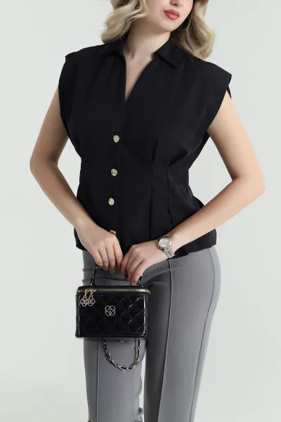 Siyah Gold Düğmeli Poplin Kadın Yelek 465403