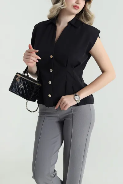 Siyah Gold Düğmeli Poplin Kadın Yelek 465403