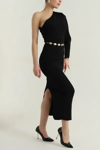 Siyah Gold Kemerli Crep Kadın Abiye 406473