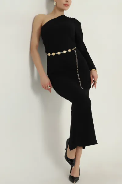 Siyah Gold Kemerli Crep Kadın Abiye 406473