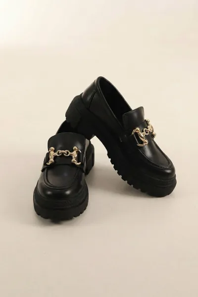 Siyah Gold Toka Detaylı Kadın Loafer Ayakkabı 435942