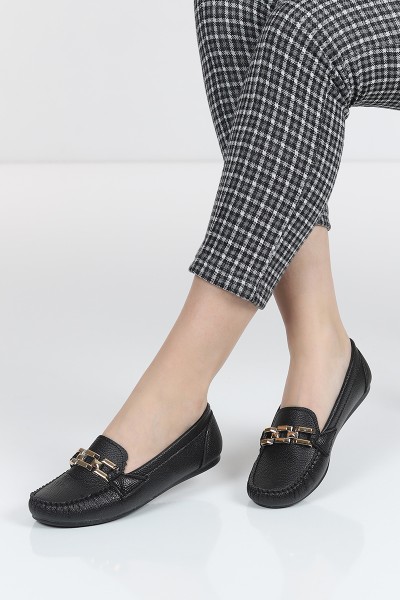 Siyah Gold Tokalı Kadın Babet Ayakkabı 105484