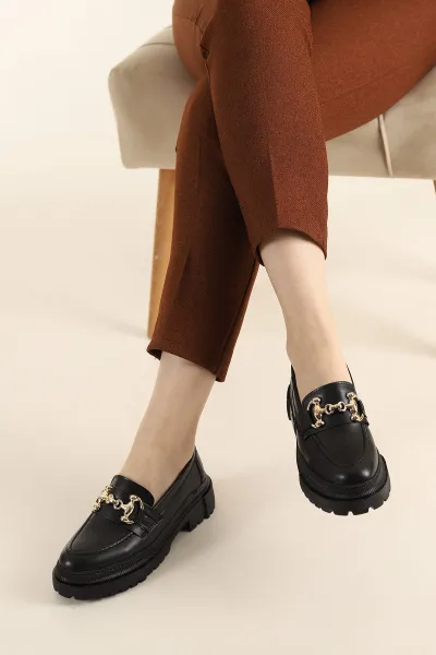 Siyah Gold Tokalı Kalın Taban Loafer Ayakkabı 279844