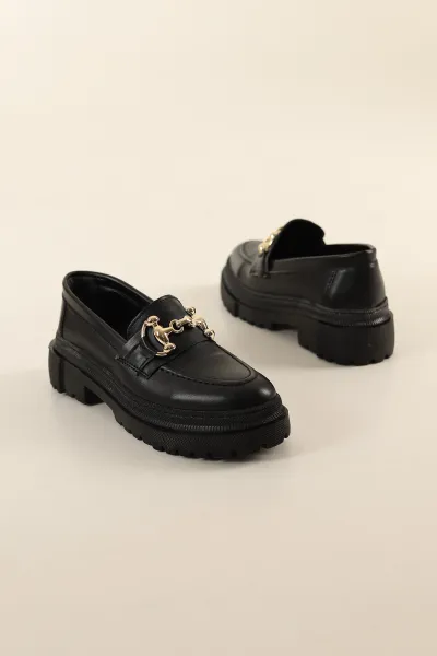 Siyah Gold Tokalı Kalın Taban Loafer Ayakkabı 279844