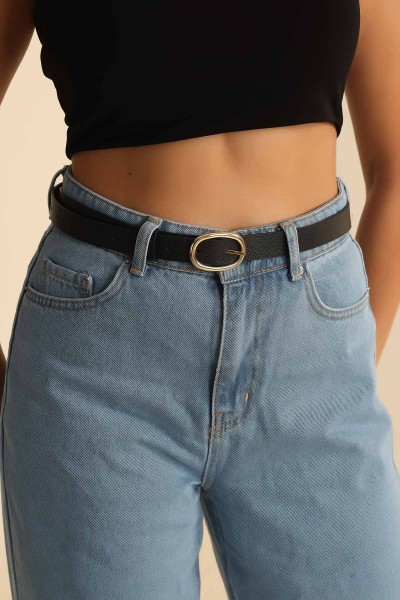 Siyah Oval Gold Tokalı İnce Kemer 198632