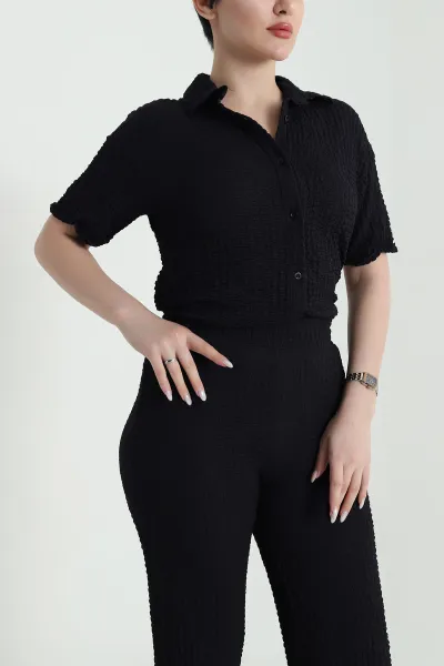 Siyah Gömlek Pantolon Gofre Kadın İkili Takım 449505