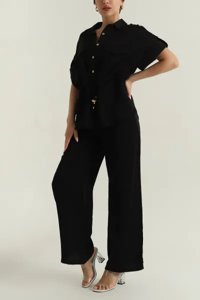 Siyah Gömlek Pantolon Tünelli Keten Kadın İkili Takım 377861