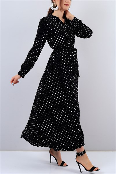 Siyah Gömlek Yaka Puantiyeli Bayan Elbise 16179B