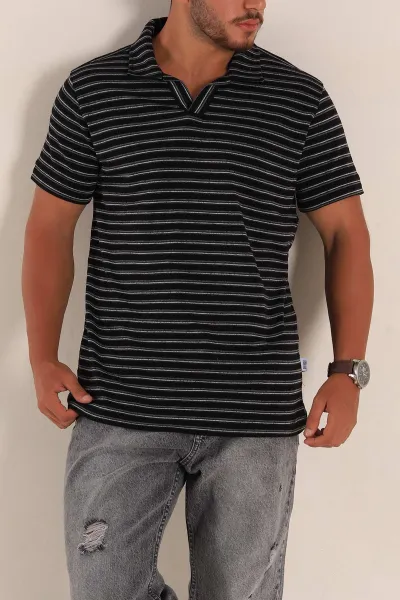 Siyah Gri Çizgili Regular Fit Polo Yaka Erkek Tişört 262717