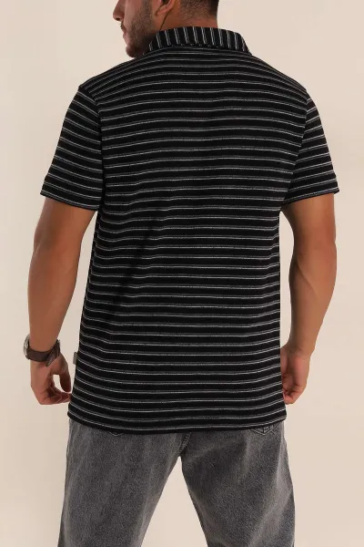 Siyah Gri Çizgili Regular Fit Polo Yaka Erkek Tişört 262717