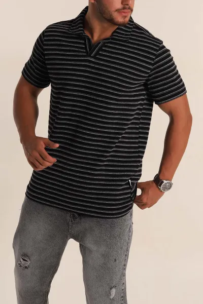 Siyah Gri Çizgili Regular Fit Polo Yaka Erkek Tişört 262717