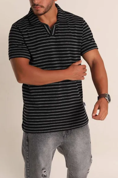 Siyah Gri Çizgili Regular Fit Polo Yaka Erkek Tişört 262717