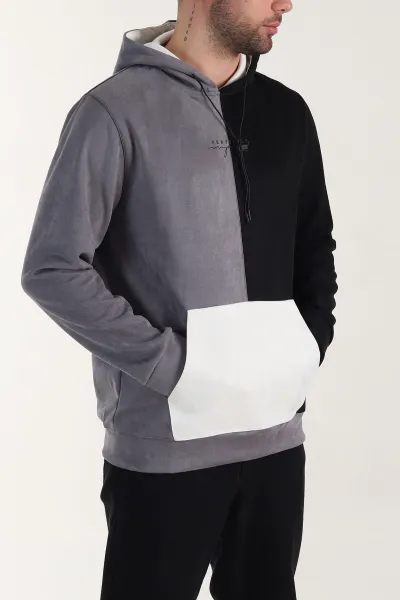 Siyah Gri Kapüşonlu Yazı Detaylı Cepli Erkek Sweatshirt 413632