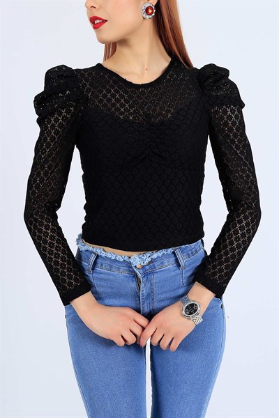 Siyah Güpür Detay Bluz 26137B