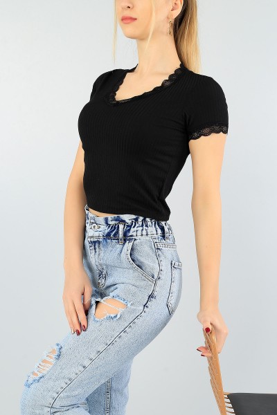 Siyah Güpür Detay Fitilli Bluz 59369