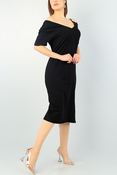 Siyah Güpür Detay Likralı Elbise 65837