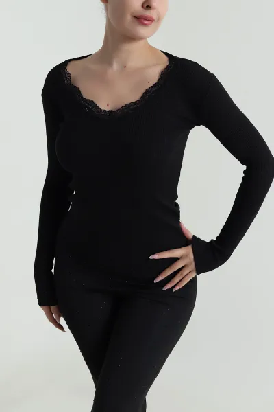 Siyah Güpürlü Kadın Fitilli Bluz 487383