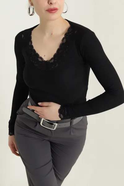 Siyah Güpürlü Ottoman Likralı Kadın Bluz 437349