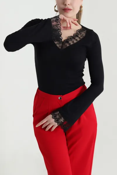Siyah Güpürlü Tasarım Buzzy Kadın Bluz 440531