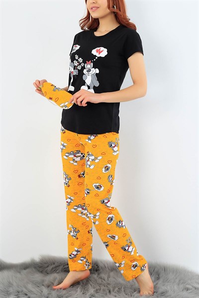 Siyah Hardal Baskılı Bayan Pijama Takımı 32062