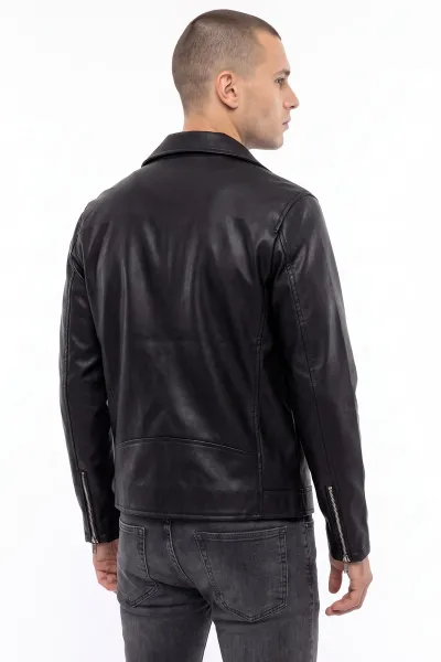 Siyah İçi Kürklü Kemer Detaylı Erkek Biker Deri Ceket 490329