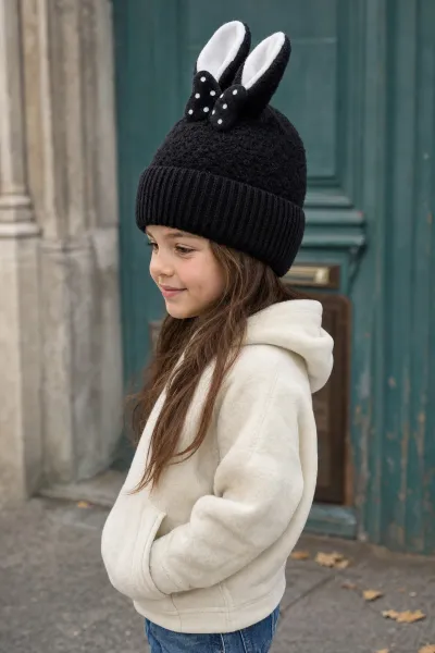 Siyah İçi Polarlı Tavşan Kulaklıklı Teddy Kumaş Peluş Bere 5-12 Yaş 498834