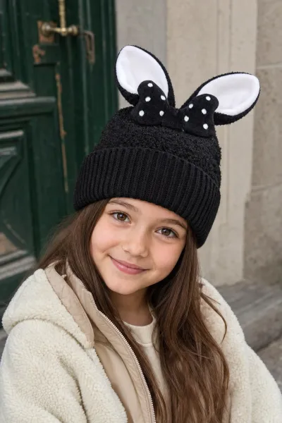 Siyah İçi Polarlı Tavşan Kulaklıklı Teddy Kumaş Peluş Bere 5-12 Yaş 498834
