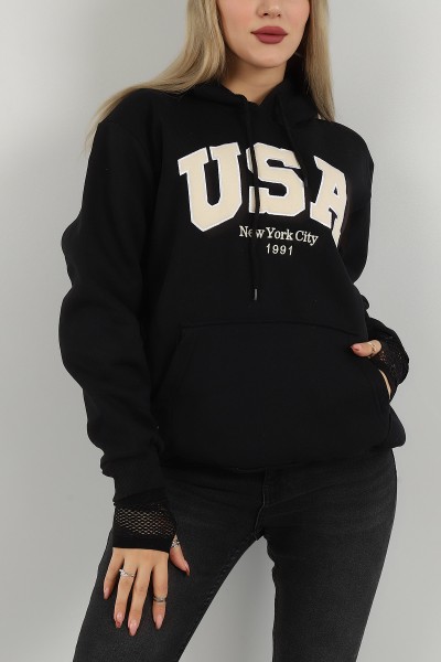 Siyah İçi Şardonlu Kapüşonlu Bayan Sweat 146380