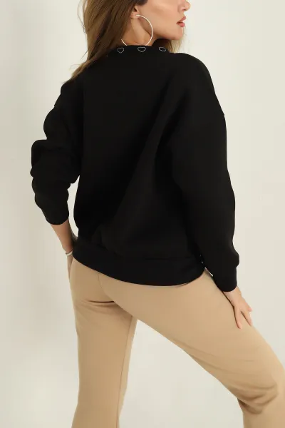 Siyah İçi Şardonlu Nakış Detay Bayan Sweat 293617