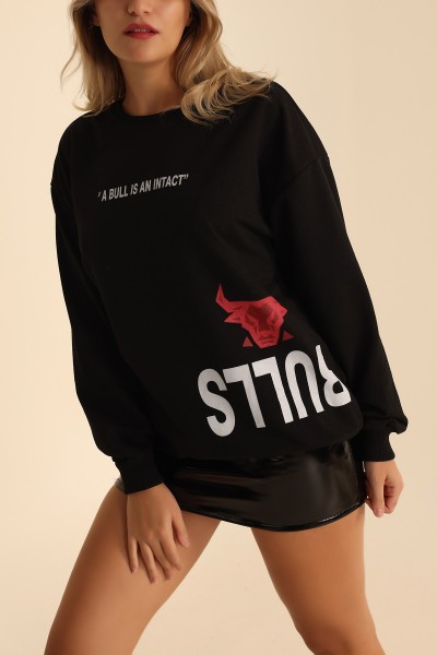 Siyah İki İp Baskılı Oversize Sweat 199632