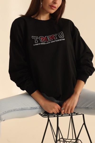 Siyah İki İp Baskılı Oversize Sweat 199635