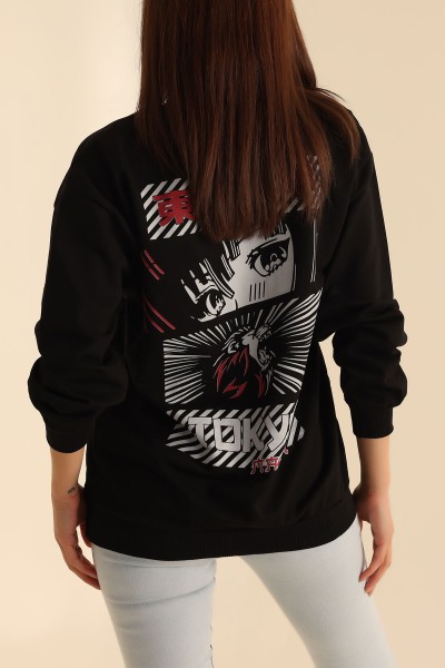 Siyah İki İp Baskılı Oversize Sweat 199635
