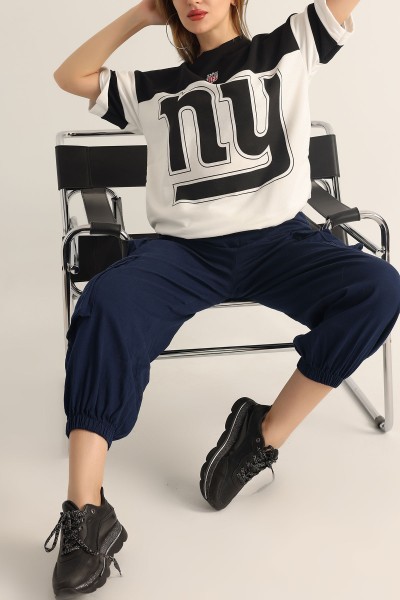 Siyah İki İp Baskılı Oversize Tişört 174449