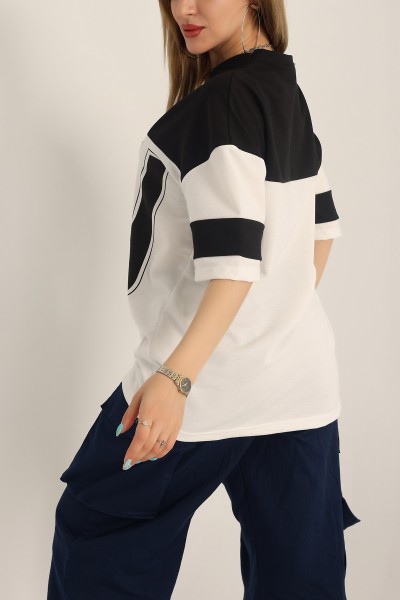Siyah İki İp Baskılı Oversize Tişört 174449