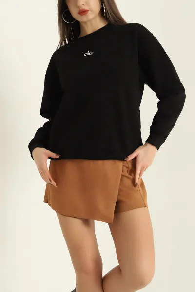 Siyah İki İp Baskılı Şardonlu Bayan Sweat 328310