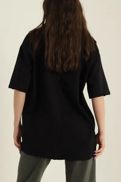 Siyah İki İp Bisiklet Yaka Kadın Oversize Tişört 423908