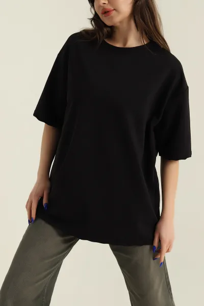 Siyah İki İp Bisiklet Yaka Kadın Oversize Tişört 423908