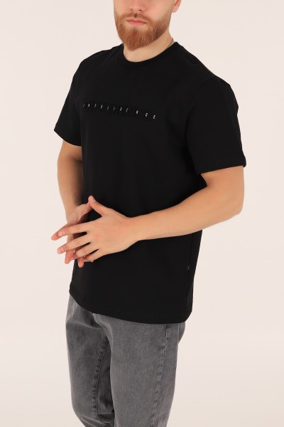 Siyah İki ip Gofre Baskılı Oversize Tişört 163511