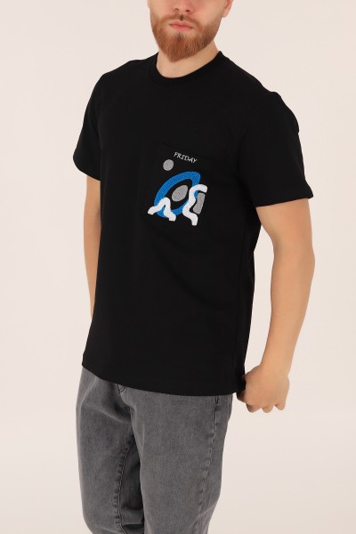 Siyah İki İp İşlemeli Oversize Erkek Tişört 163744