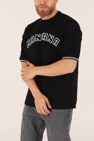 Siyah İki İp İşlemeli Oversize Tişört 163544