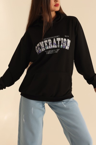 Siyah İki İp Kapüşonlu Bayan Sweat 199600
