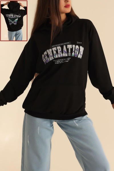 Siyah İki İp Kapüşonlu Bayan Sweat 199600